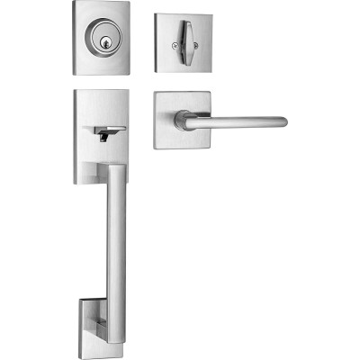 Berlin Modisch HandleSet Front Door Entry Handle and Deadbolt Lock Set Slim Square Single Cylinder Deadbolt and Lever Reversible for Right & Left Sided Doors Heavy Duty – Satin Nickel Finish