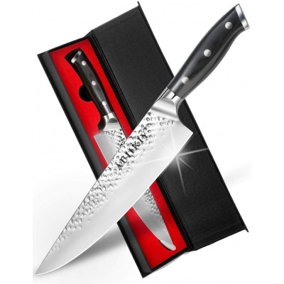 Pro Chef Knife 8 Inch, Japanese AUS-10V Super Stainless Steel Kitchen Knife with Hammer Finish, Chefs Knife with a triple-riveted Ergonomic Handle, Professional Durable Cooking Knife with Gift Box